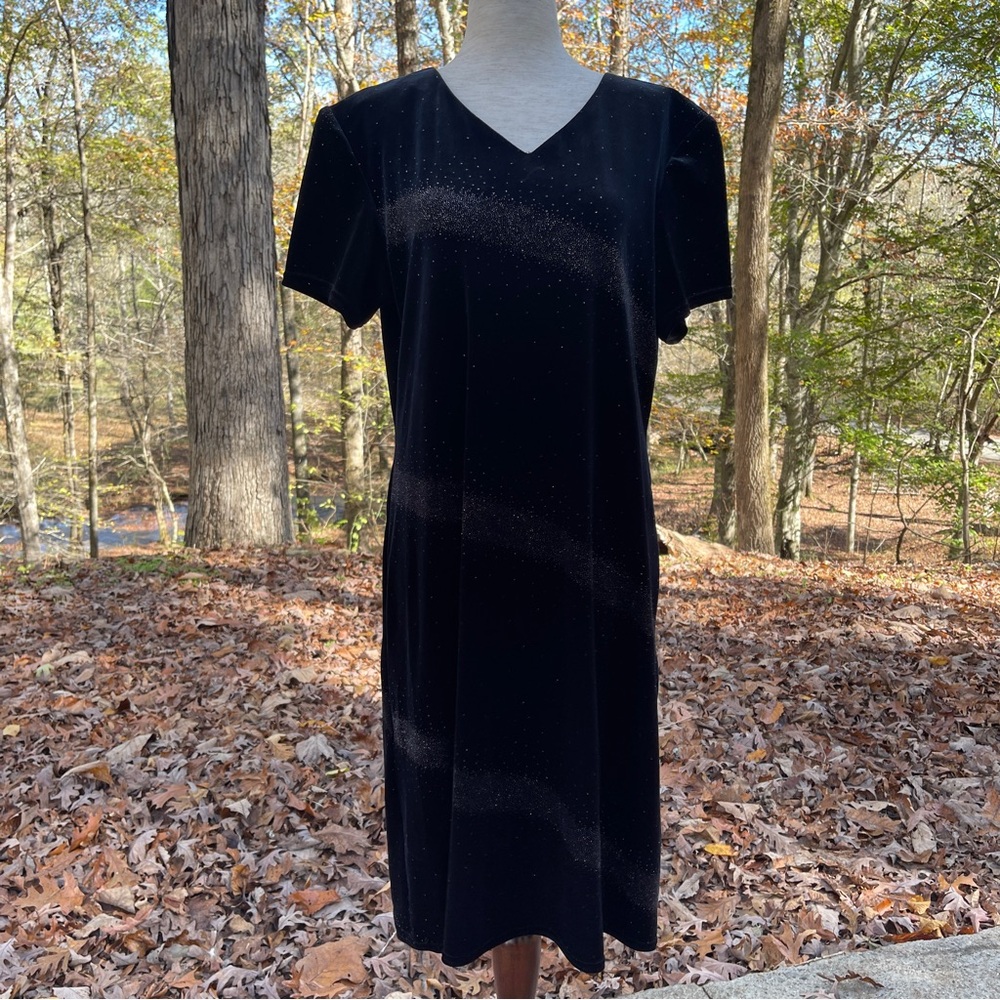 Vintage 90s Jessica Howard Black Velvet Silver Sparkles Party Midi Dress Size 16